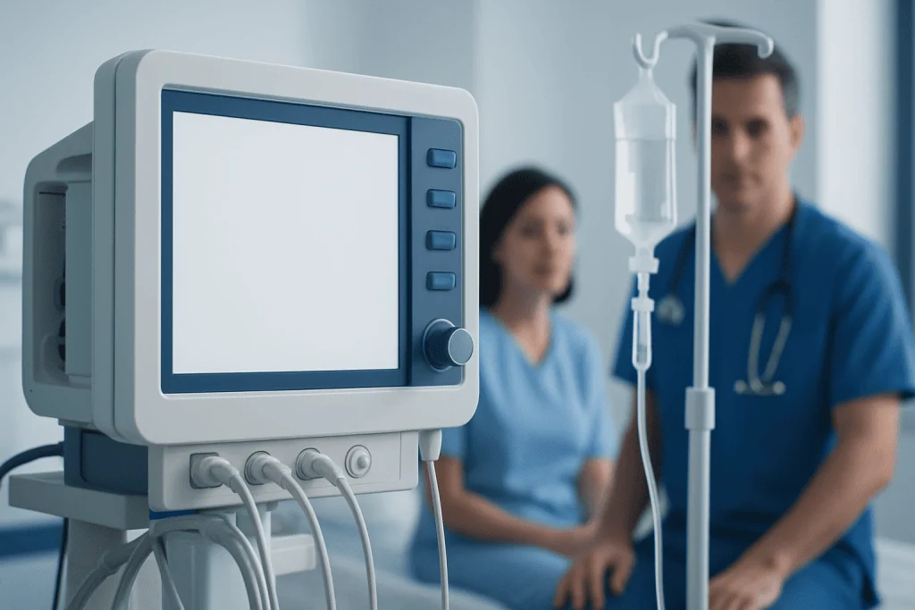 Medical professionals in a hospital room with monitoring equipment and IV drip.