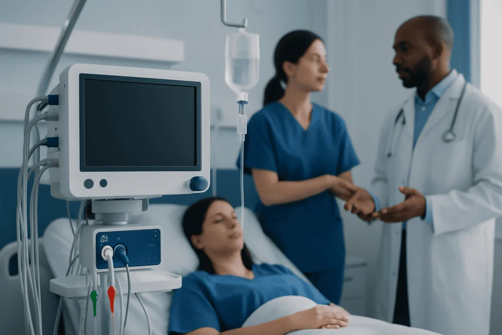 Hospital room with patient, nurse, and doctor discussing care.