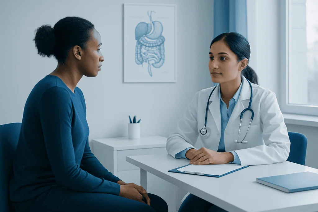 Doctor consulting a patient about digestive health in a clinic setting.