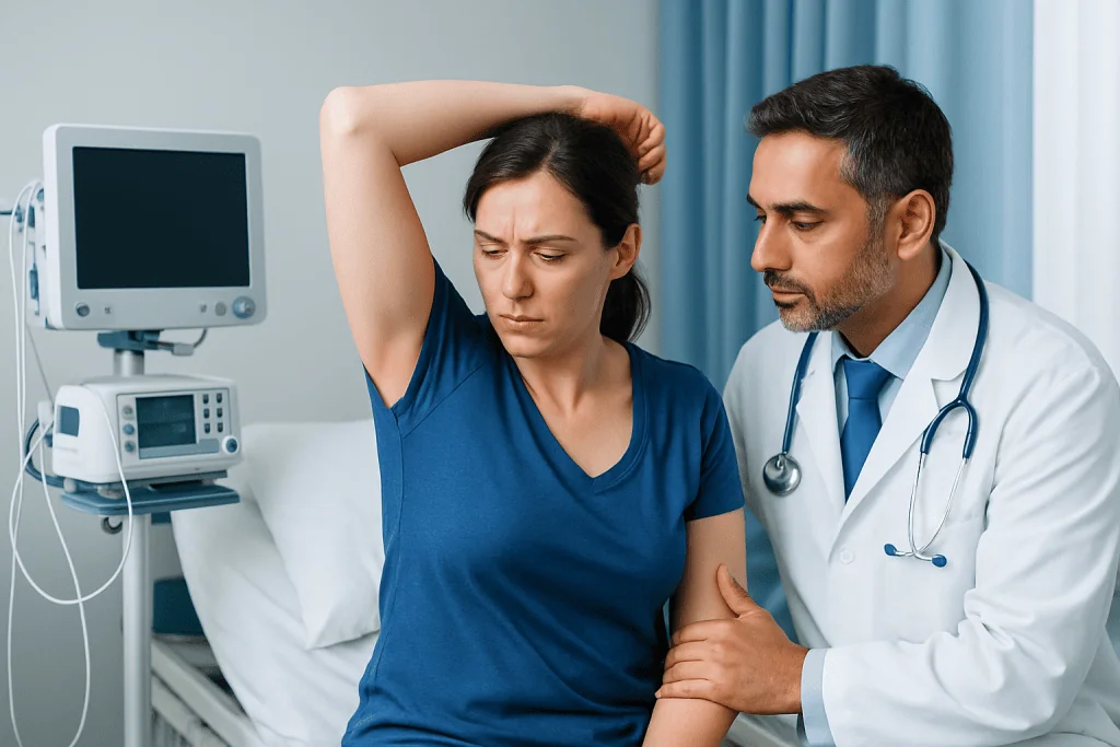 Doctor examining a woman with armpit discomfort in a hospital room.