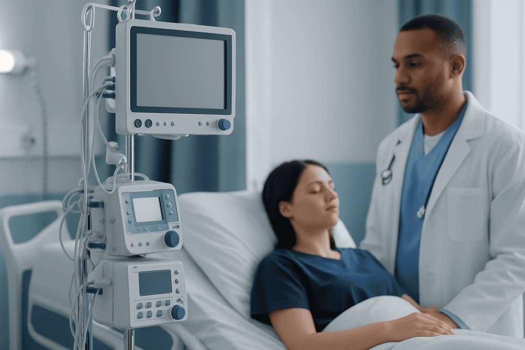 Doctor consulting patient in hospital room with medical monitors nearby.