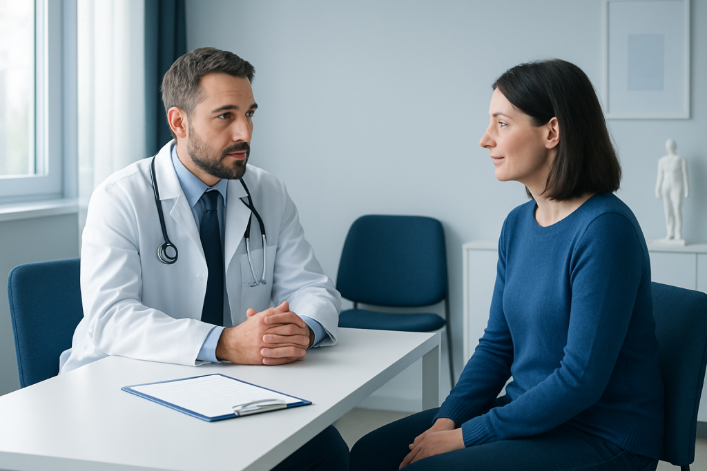 Doctor consulting with a female patient in a modern medical office.