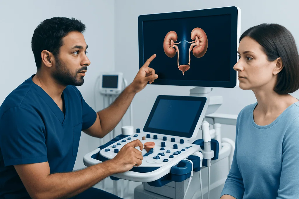 Urologist explains kidney ultrasound results to a patient in a medical clinic.