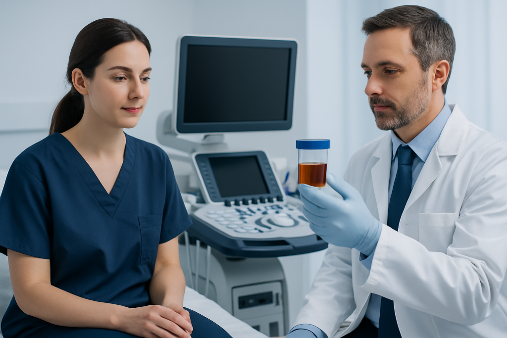 Doctor explaining urine test results to a patient in a clinical setting.