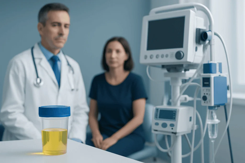 Doctor and patient in a medical examination room with urine sample and monitoring equipment.