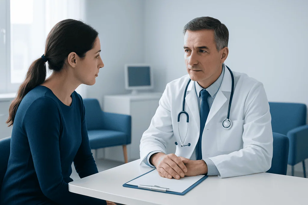Doctor consulting with a female patient in a medical office setting.