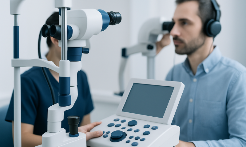Optometrist performing eye examination with specialized equipment at clinic.