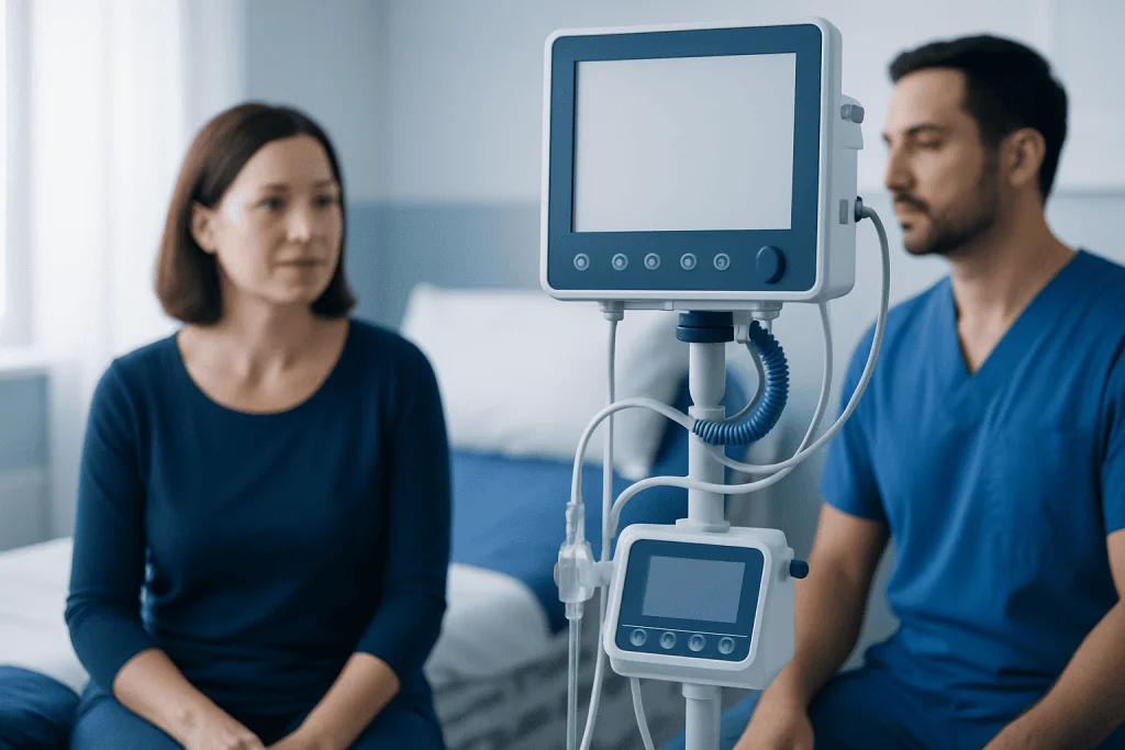 Patient and healthcare professional in a medical consultation room with monitoring equipment.