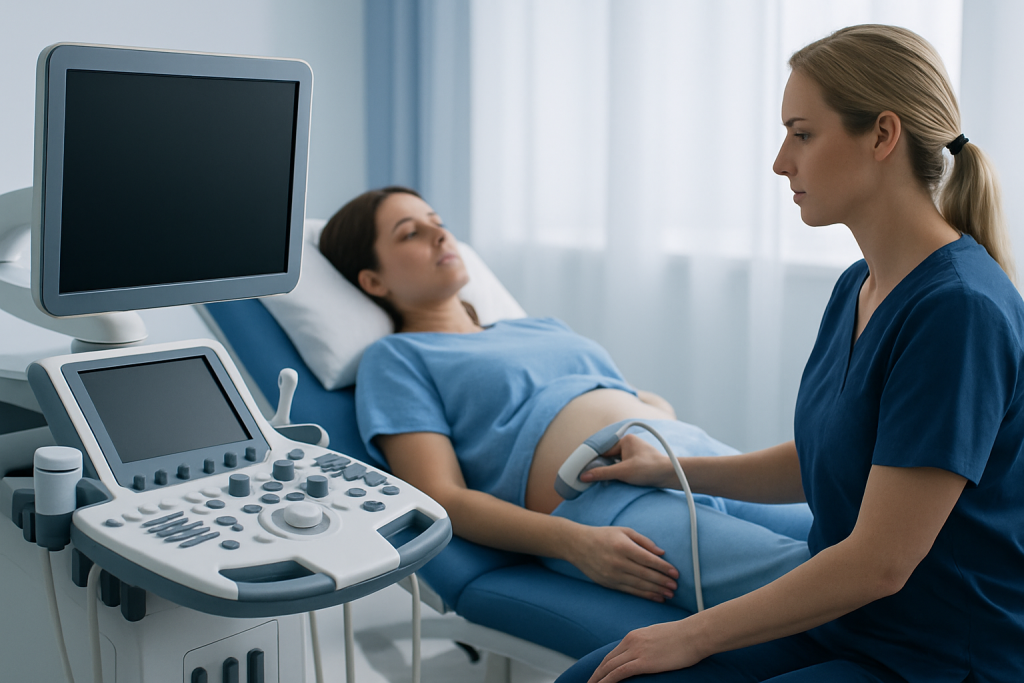 Medical professional performs ultrasound on patient in hospital.