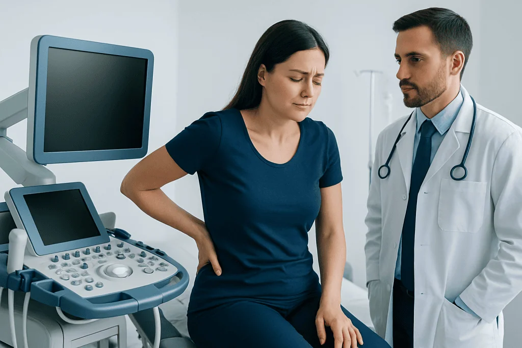 Female patient experiencing back pain during medical consultation at hospital.
