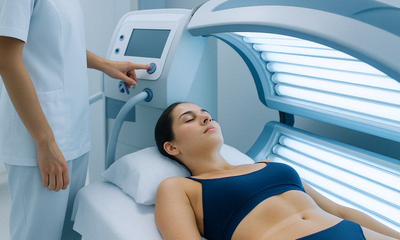 Woman receiving phototherapy treatment in a medical facility.