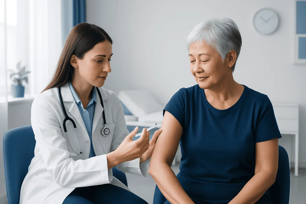 Doctor administering vaccine to elderly woman in clinic setting.