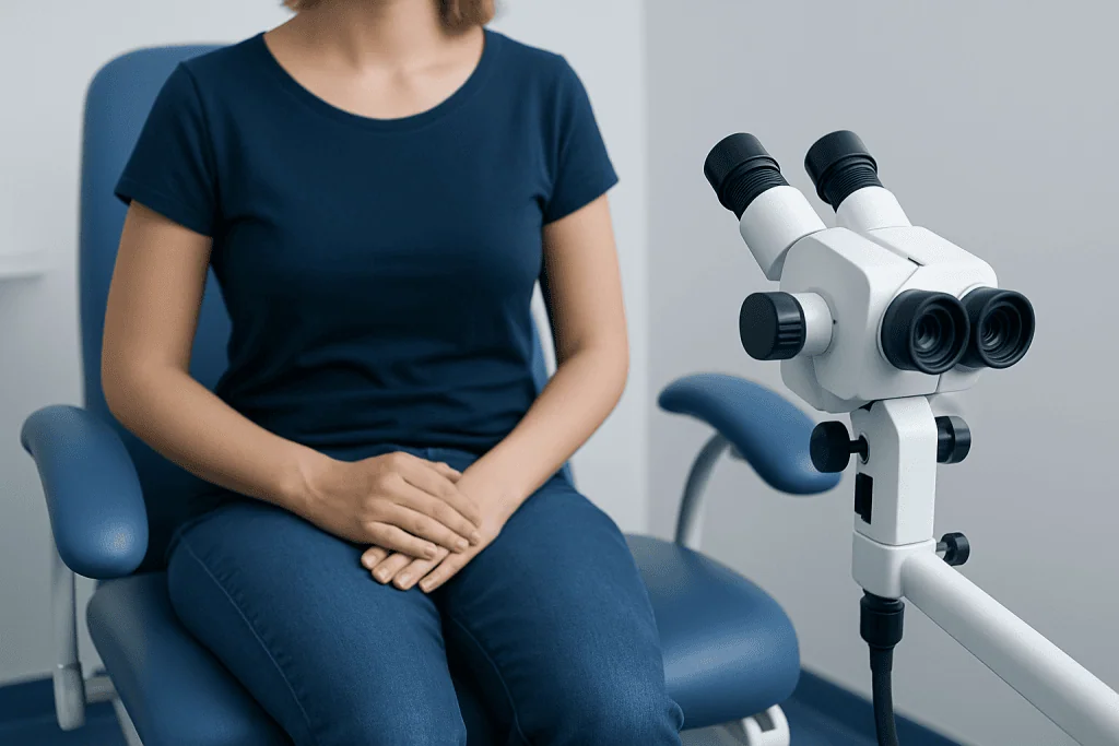 Woman sitting on gynecological examination chair with microscope nearby.