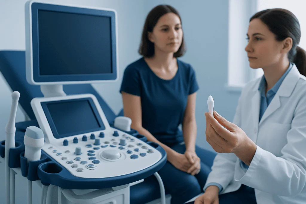 Doctor explaining ultrasound procedure to patient in clinic.