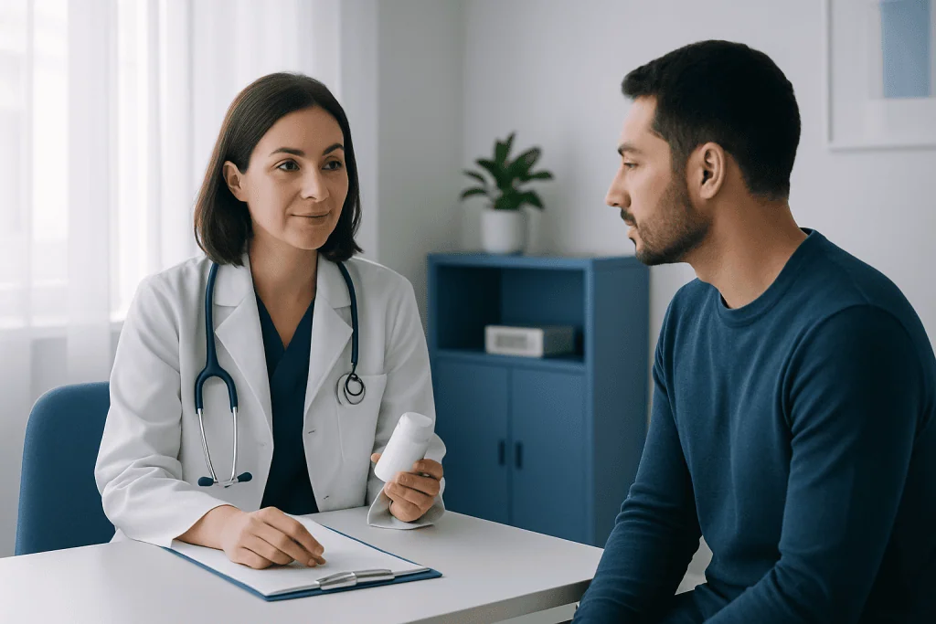 Doctor consulting with patient in a medical office setting.