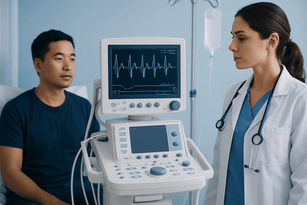 Doctor monitoring patient with ECG machine in hospital setting.