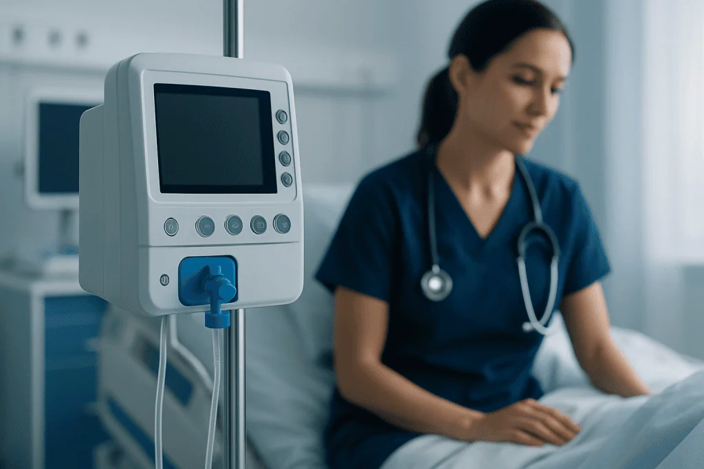 Medical monitor in hospital room with nurse patient in background.
