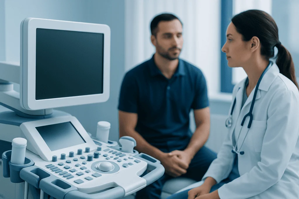Doctor consulting with patient in a medical examination room.