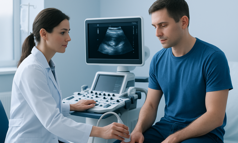 Urologist performs ultrasound examination on male patient in clinic.