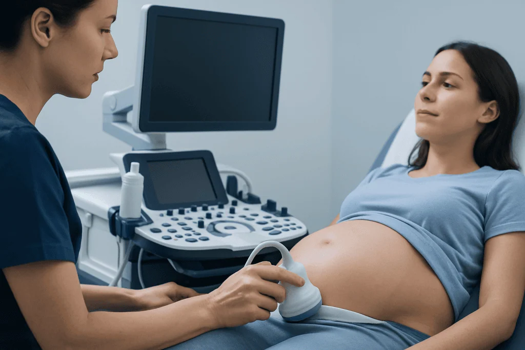 Pregnant woman undergoing ultrasound scan at hospital.