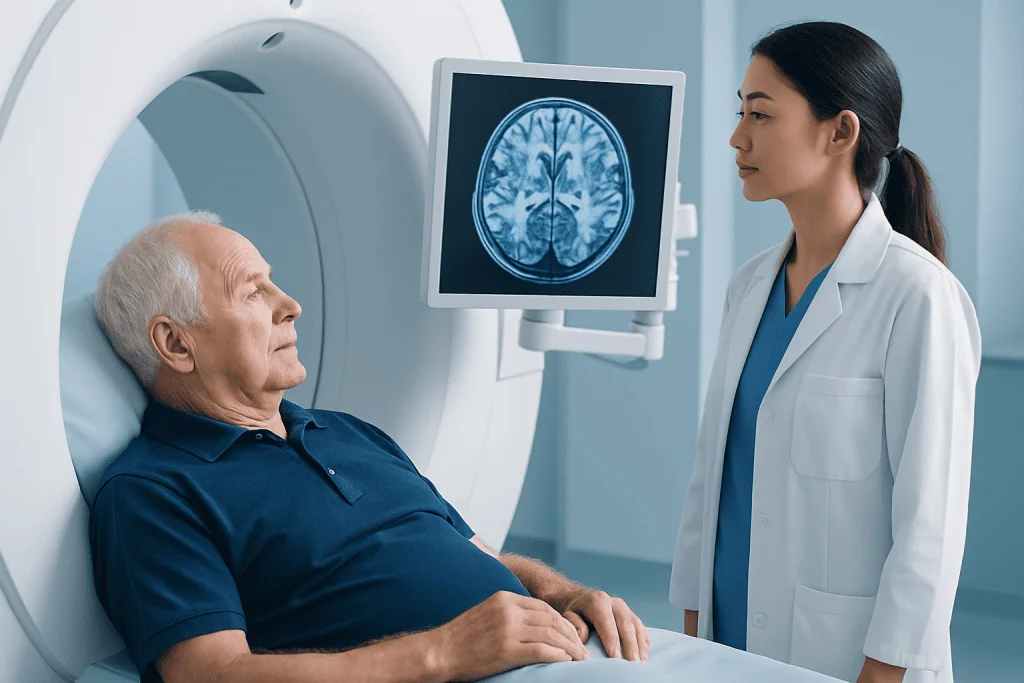 Senior patient undergoing brain MRI scan at Acibadem Hospital.