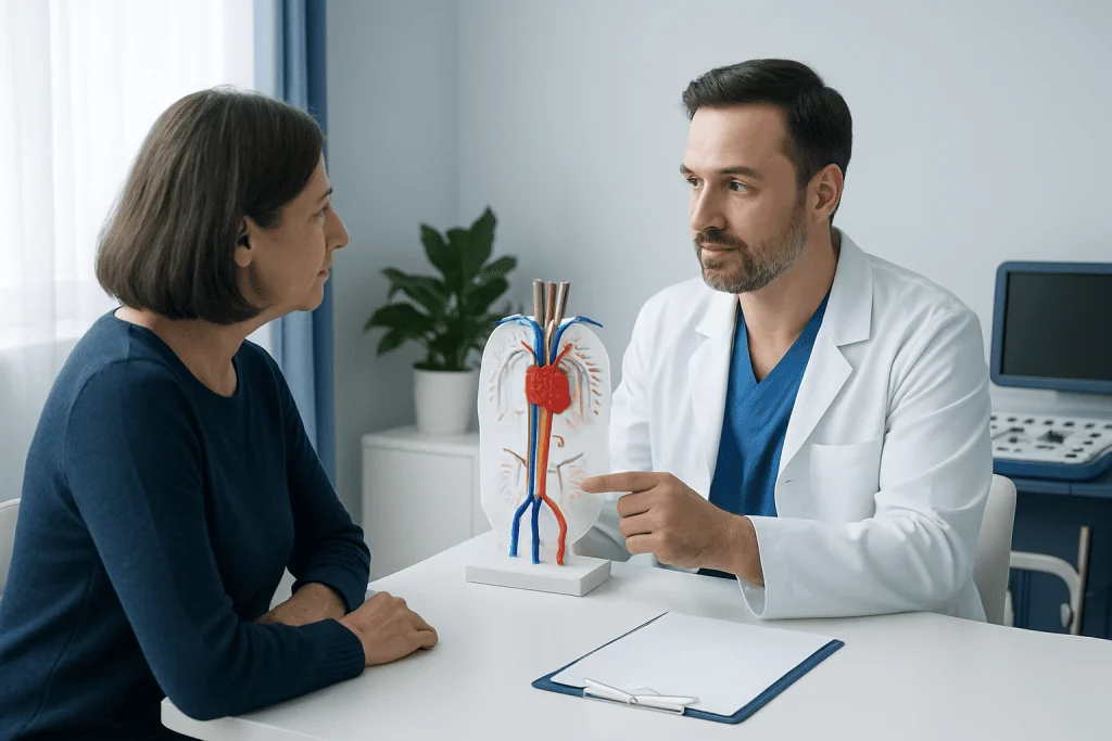 Vascular surgeon explaining treatment options to a patient with a model of blood vessels.