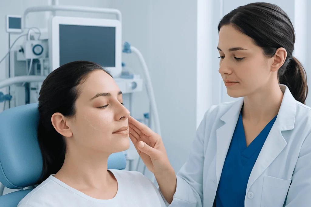 Medical professional examining a patient's face in a hospital setting.