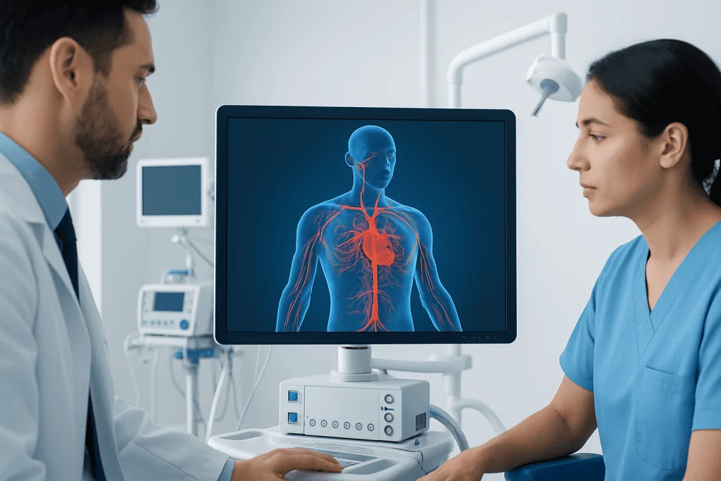 Medical professionals analyzing a digital human body scan in a hospital setting.