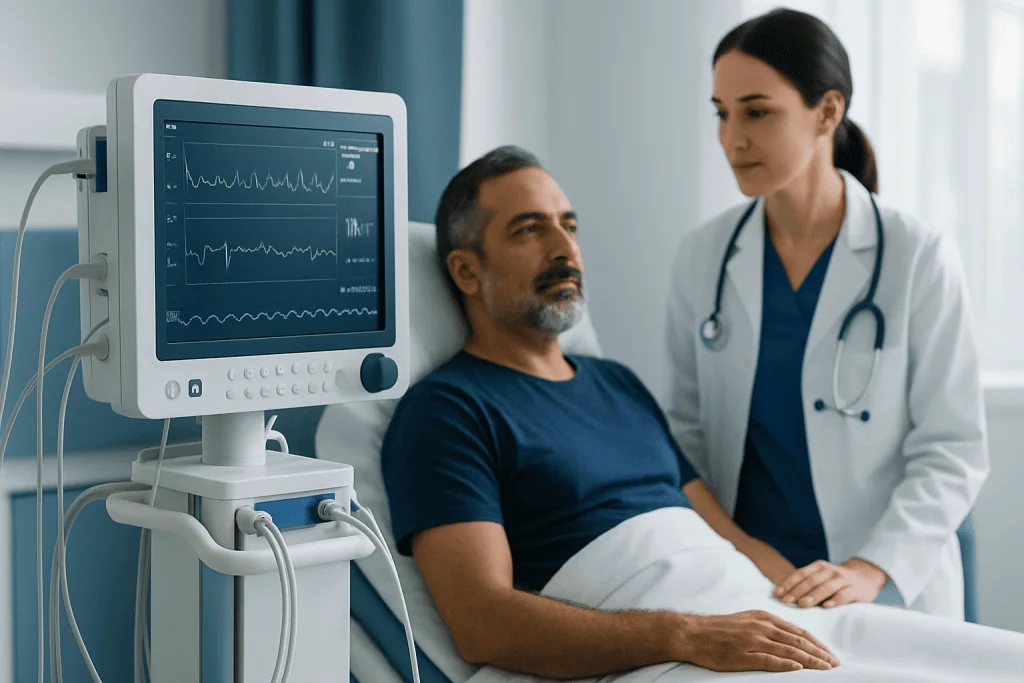 Doctor monitoring patient with medical equipment in hospital.