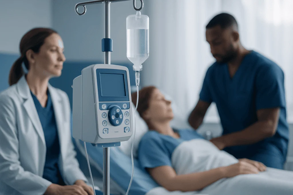 Hospital scene with medical staff attending to a patient in a hospital bed.