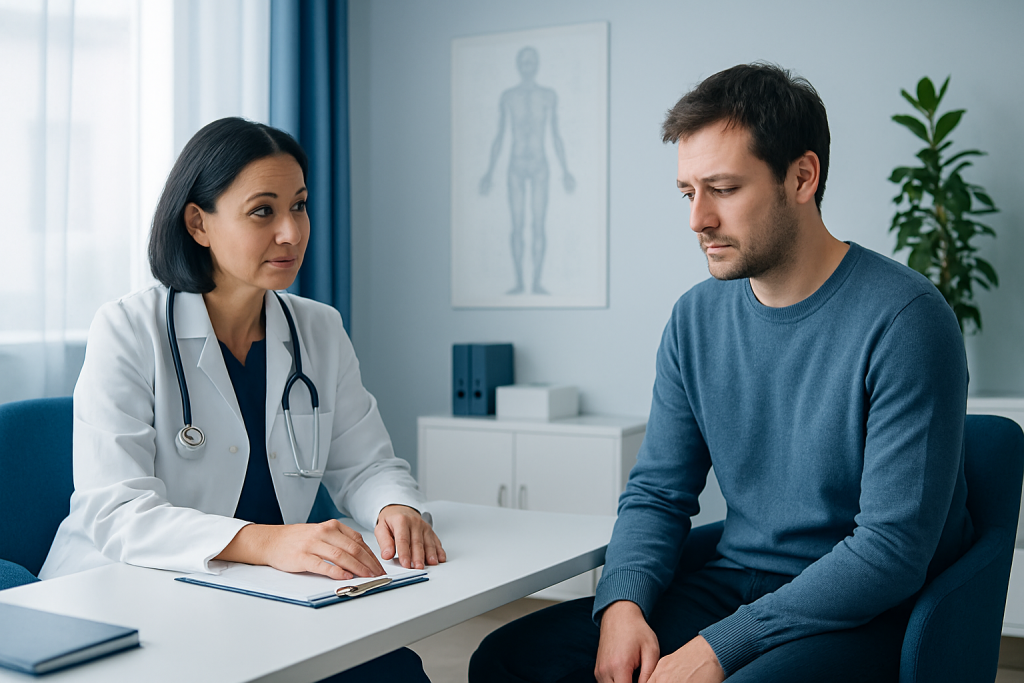 Doctor consulting with male patient in a medical office.