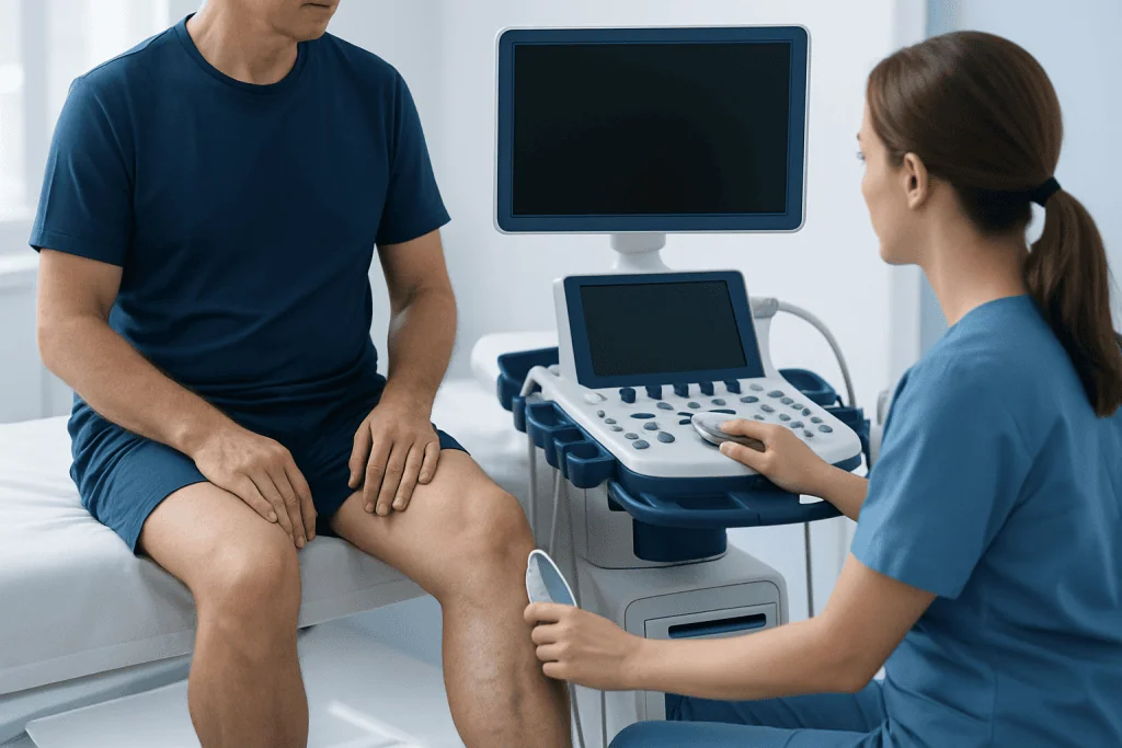 Medical professional performing an ultrasound on a patient's leg in a clinical setting.