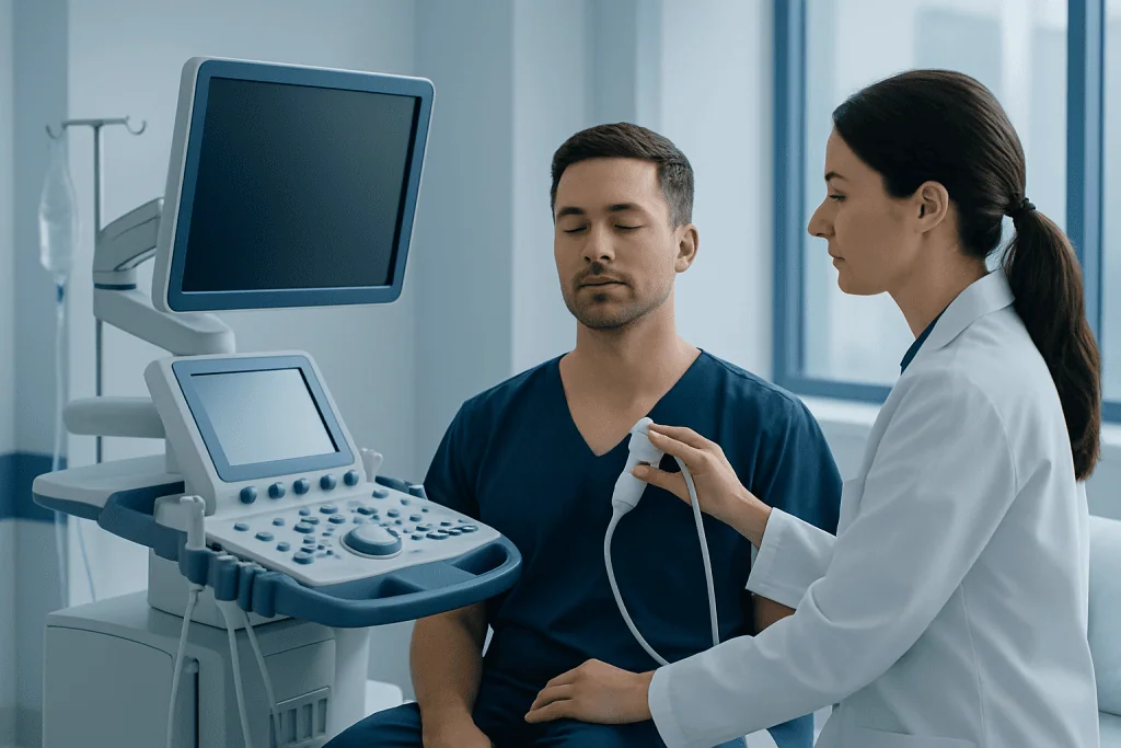 Doctor performing an ultrasound exam on a male patient in a medical clinic.