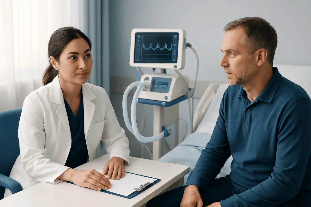 Doctor and patient discussing medical data in hospital room with ventilator.