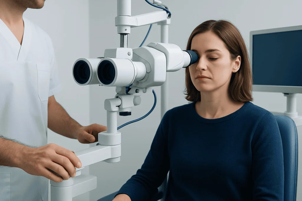 Doctor examining patient's ear with specialized medical equipment.