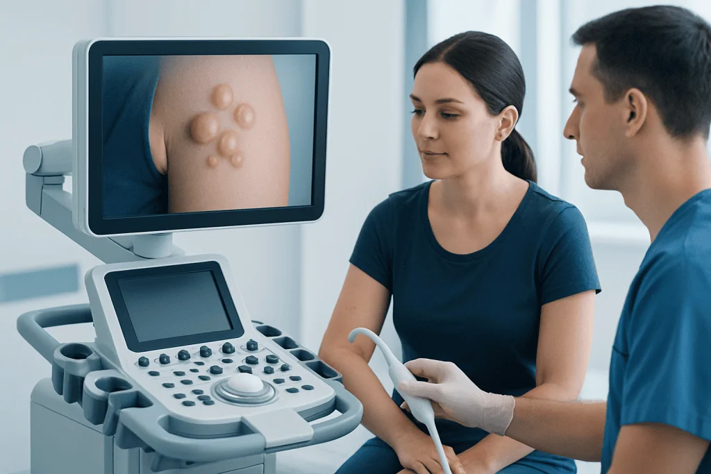 Medical professional examining skin with ultrasound device for vesicles diagnosis.