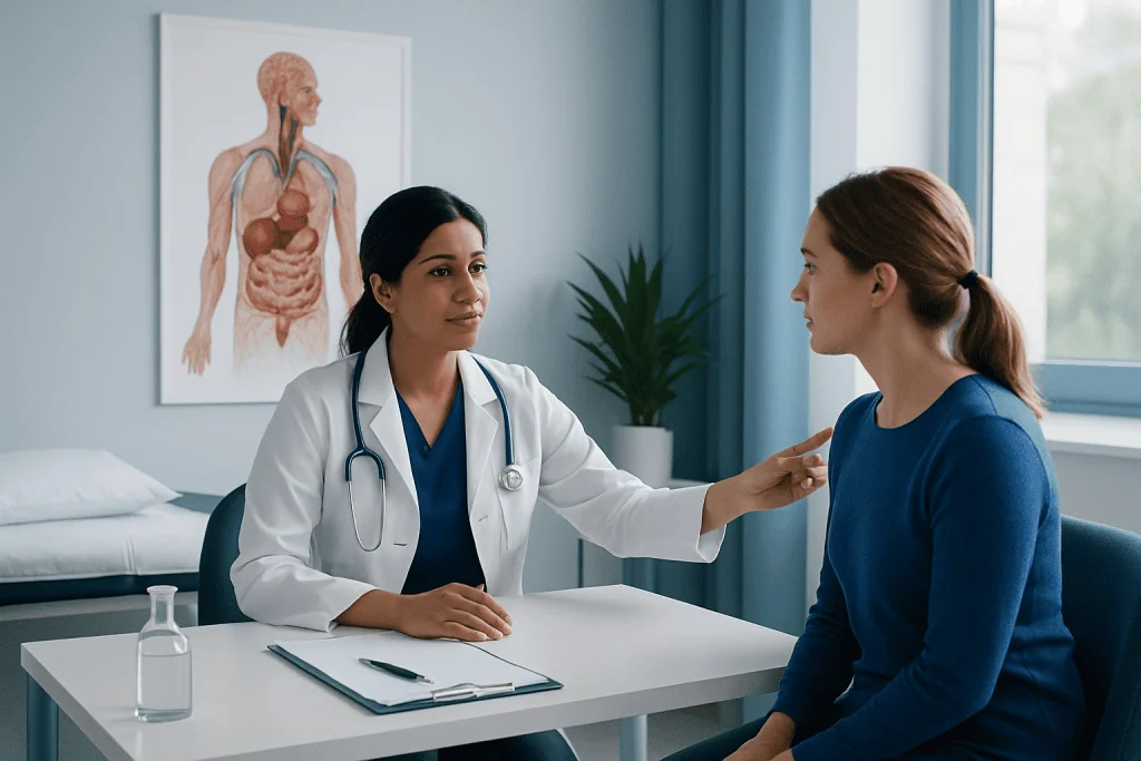Doctor consulting with a patient in a medical office with anatomy chart in background.