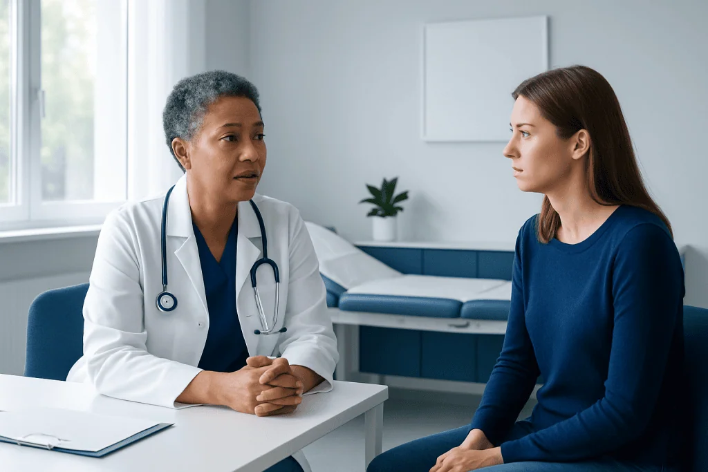 Doctor consulting with a young female patient in a medical office.
