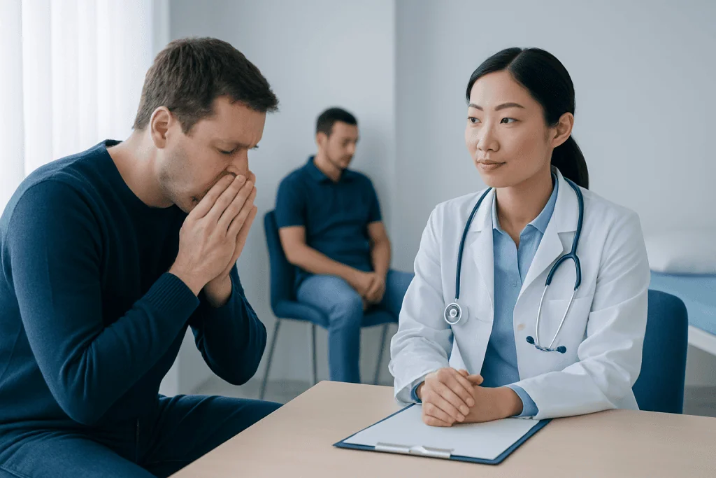 Patient experiencing symptoms during medical consultation at Acibadem Hospital.
