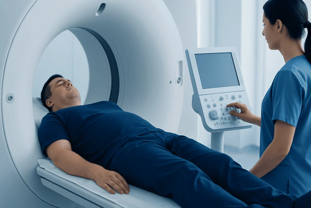 Patient undergoing a CT scan in a medical facility.
