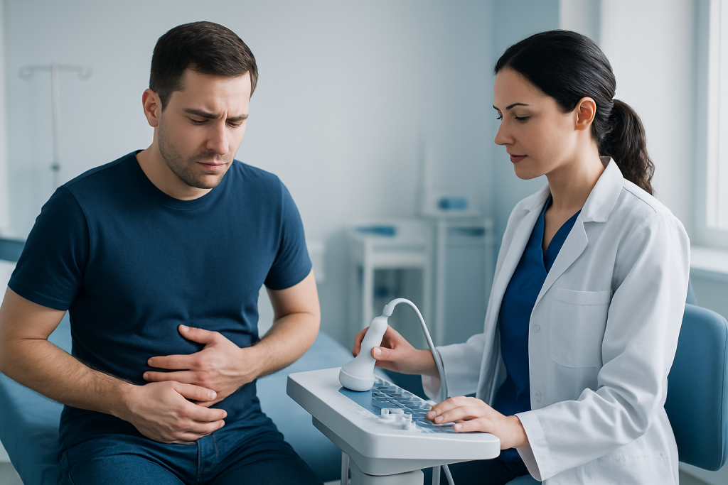 Doctor performing abdominal ultrasound on male patient with stomach pain.