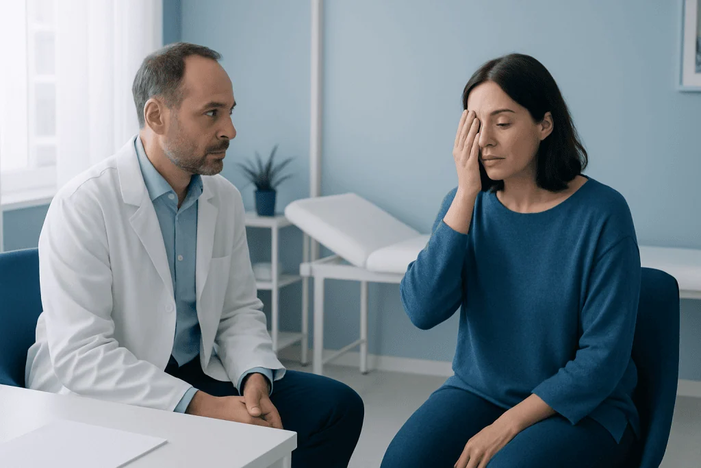 Doctor consulting with a woman experiencing headache symptoms in a clinic.
