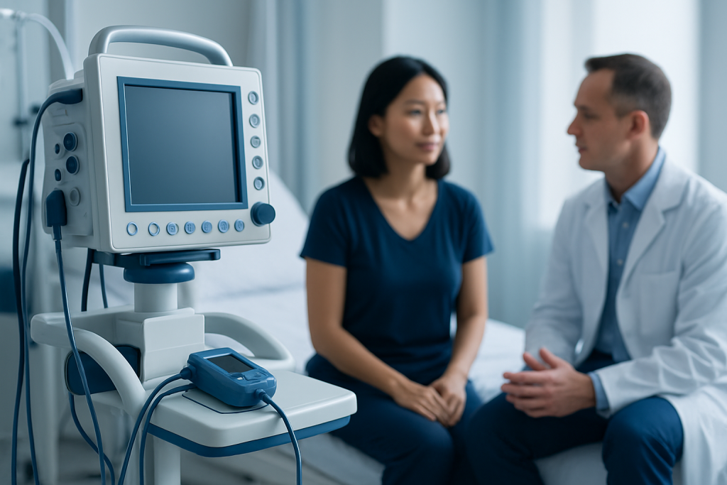 Doctor consulting patient in a hospital room with medical equipment nearby.