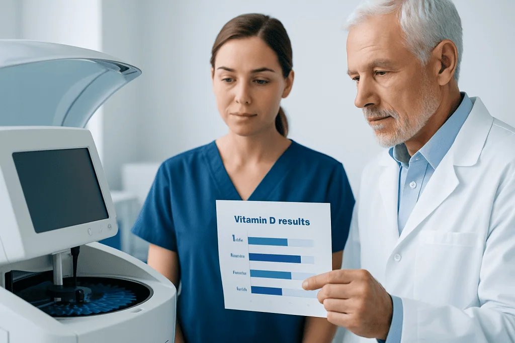 Doctor and nurse reviewing vitamin D test results at hospital.