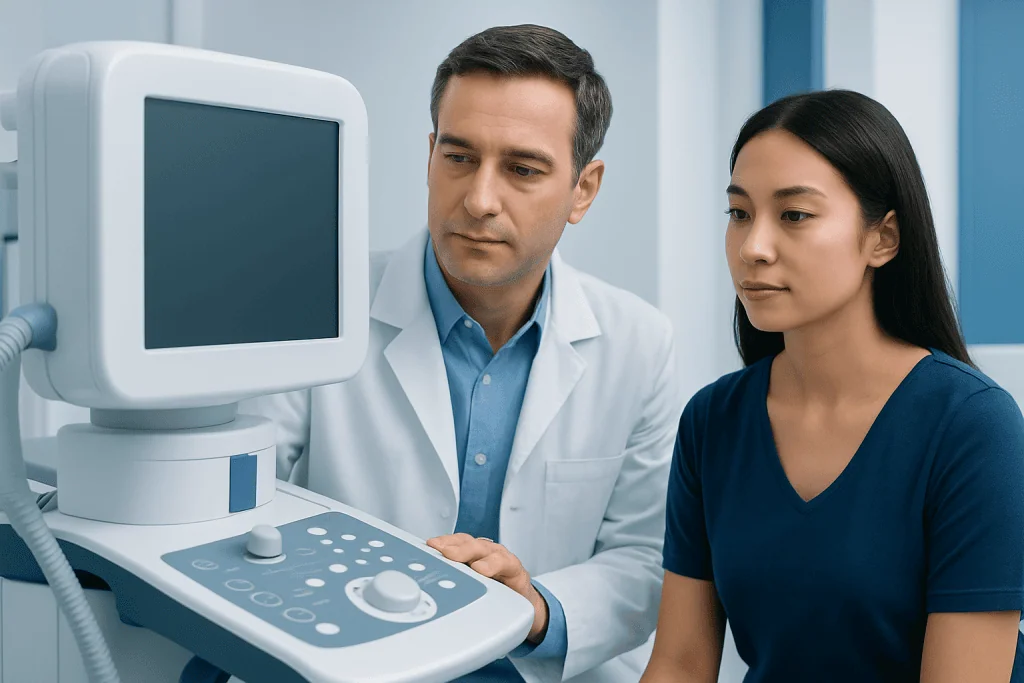 Doctor and patient reviewing ultrasound results in a medical clinic.