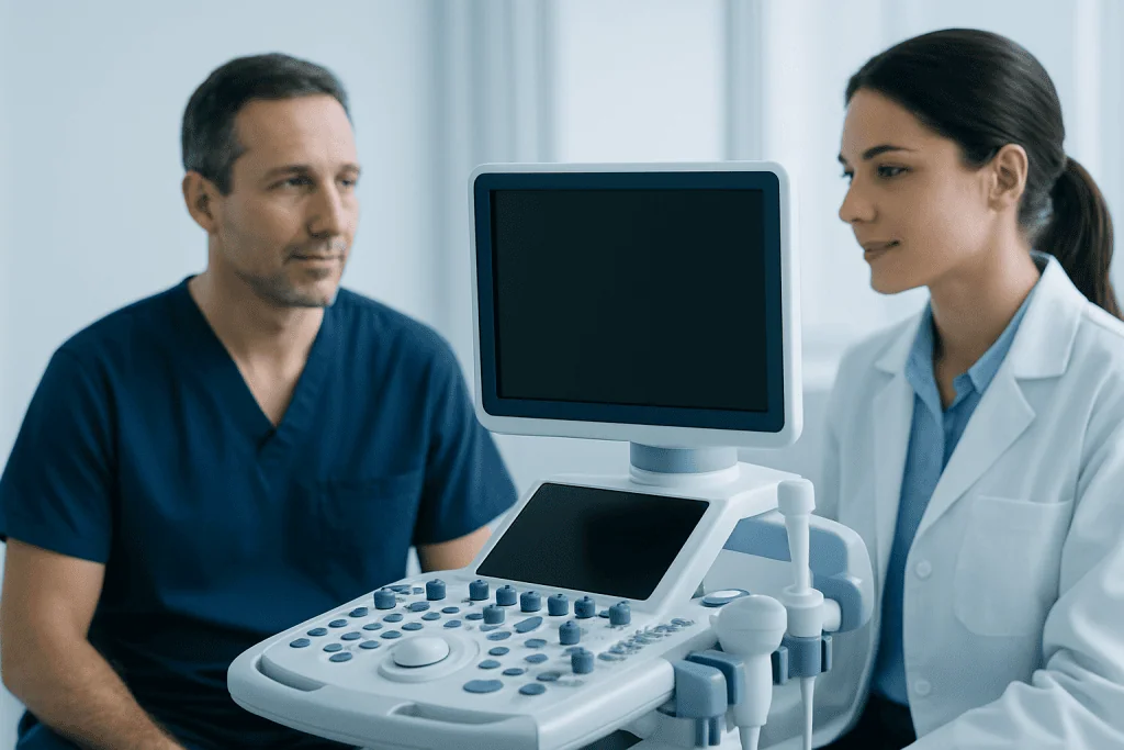 Doctor explaining ultrasound results to a patient in a medical consultation room.
