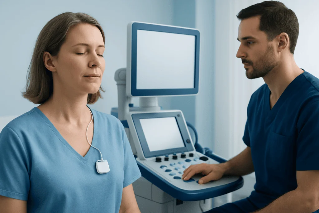 Medical professional performing vagus nerve stimulation procedure in clinic.