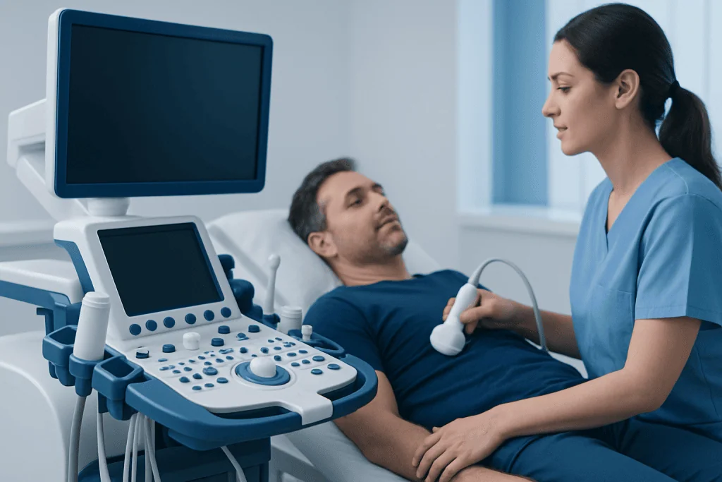 Medical professional performing an ultrasound on a patient in a hospital room.