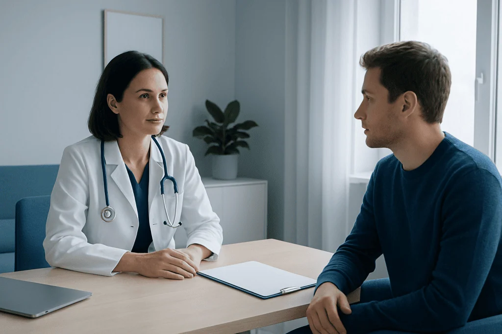 Doctor consulting with a patient in a medical office setting.