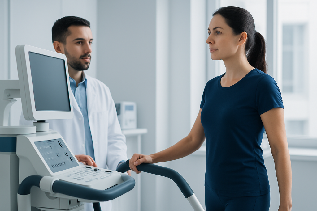 Doctor and woman discussing health during a medical check-up.